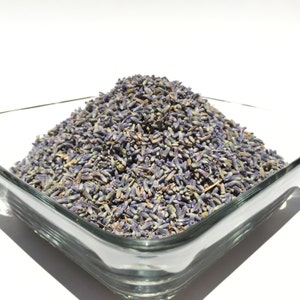 Square glass bowl filled with lavender flowers