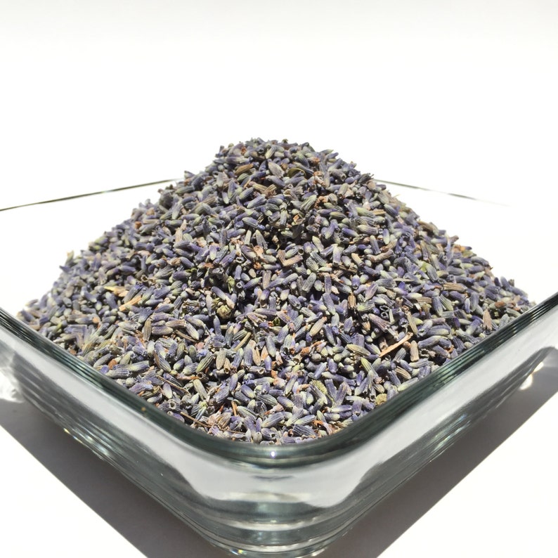 Square glass bowl filled with lavender flowers