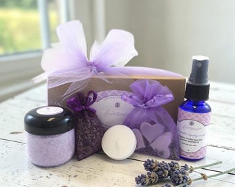 Small Lavender Gift Box Set, Bath Salts, Soap, Spray, Sachet