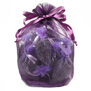 Purple organza bag filled with twelve tiny lavender drawer sachets