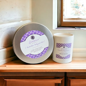 Light and natural Lavender Body Powder, hand blended with only arrowroot, kaolin clay, lavender essential oil and aspen bark extract
