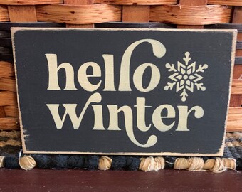 Primitive Country Hello Winter 6” shelf sign