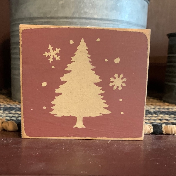 Primitive Country Winter Christmas Tree 4” shelf sign