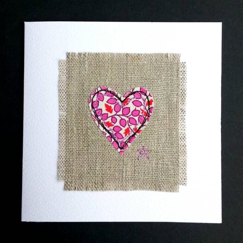 In pure natural linen and white textured card. Linen anniversary greetings card for her Embroidered with pink floral heart design