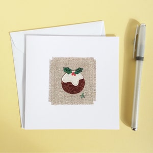 Christmas Pudding Greetings Card. Handmade Keepsake Card with an Embroidered Plum Pudding on Real Linen Fabric.