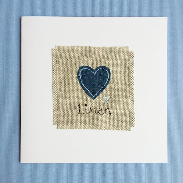 Linen Anniversary Card. With Embroidered Heart and Freehand Stitched "Linen" Embroidery. On Real Linen.