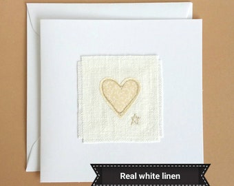 Embroidered Ivory Heart Card on White Linen. Unique Anniversary Card. Blank Inside.