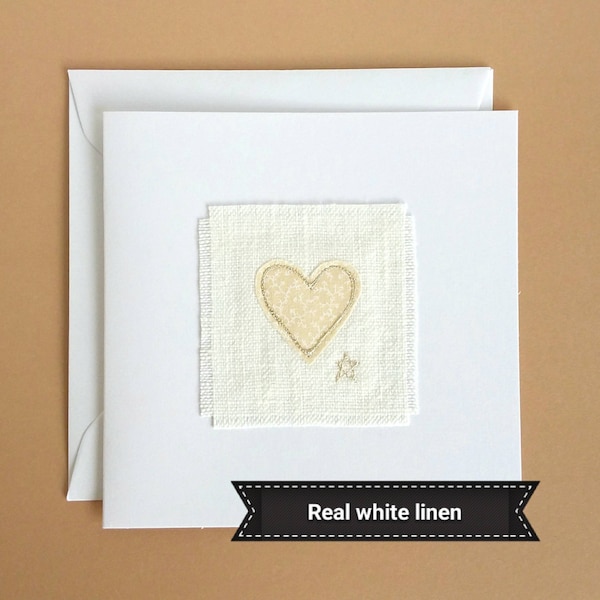 Embroidered Ivory Heart Card on White Linen. Unique Anniversary Card. Blank Inside.