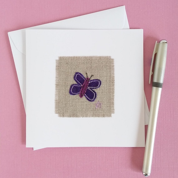Embroidered Purple Butterfly Greetings Card. Blank Inside.