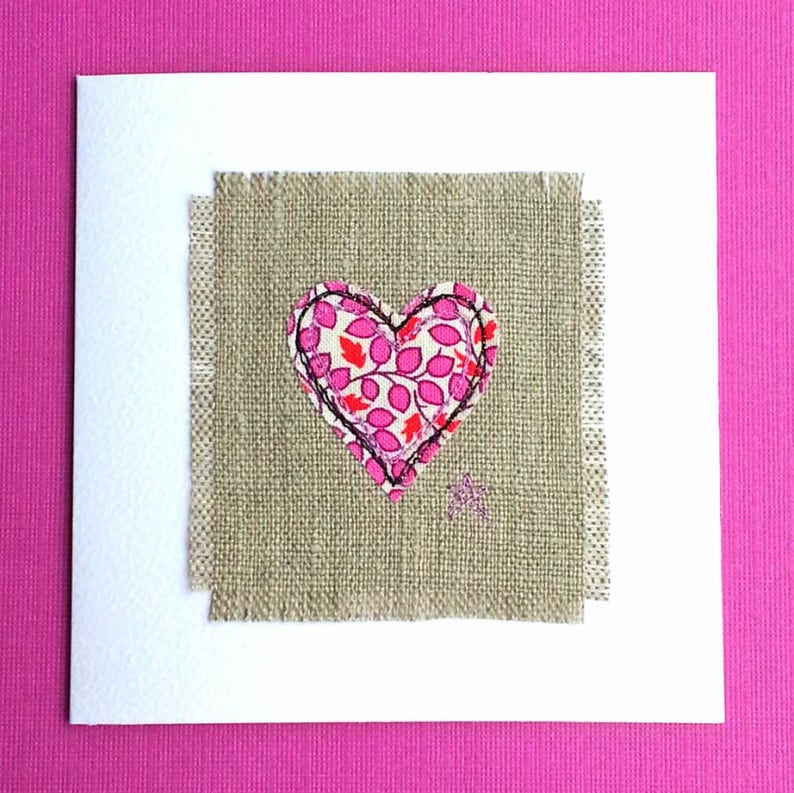In pure natural linen and white textured card. Linen anniversary greetings card for her Embroidered with pink floral heart design