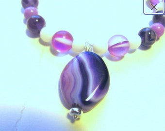 Group of beads, Amethyst pendant, round beads, Mystic Aura Quartz, white Agate, 7.5 inch strand, 31 beads  R-71
