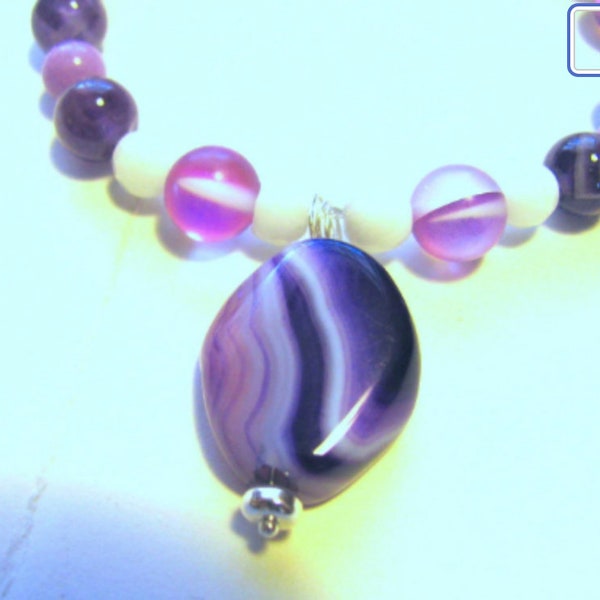 Group of beads, Amethyst pendant, round beads, Mystic Aura Quartz, white Agate, 7.5 inch strand, 31 beads  R-71