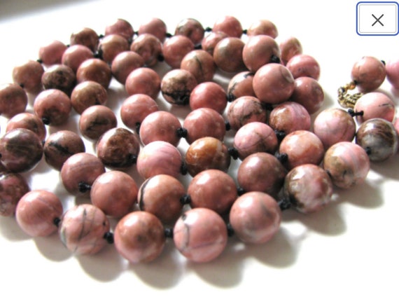 Beaded necklace, Rhodonite beads, 10mm, pink, bla… - image 3