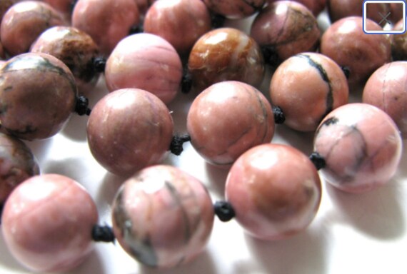 Beaded necklace, Rhodonite beads, 10mm, pink, bla… - image 2
