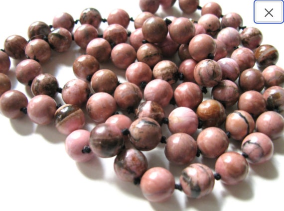 Beaded necklace, Rhodonite beads, 10mm, pink, bla… - image 1