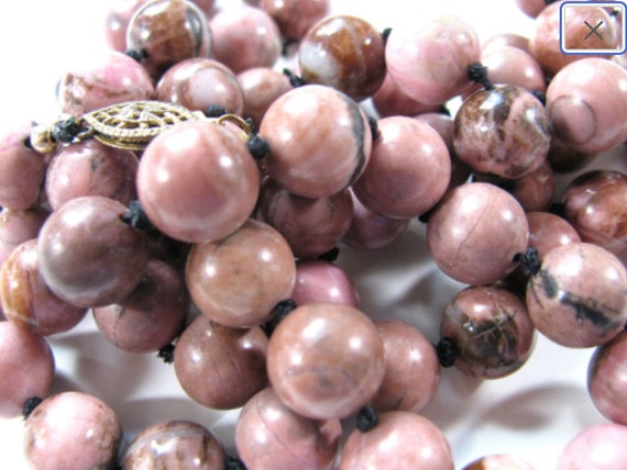 Beaded necklace, Rhodonite beads, 10mm, pink, bla… - image 4