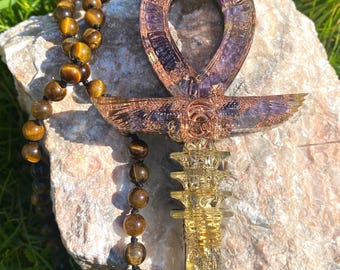 Ankh Orgonite Pendant Amethyst/Black Tourmaline with Tiger Eye mala beads