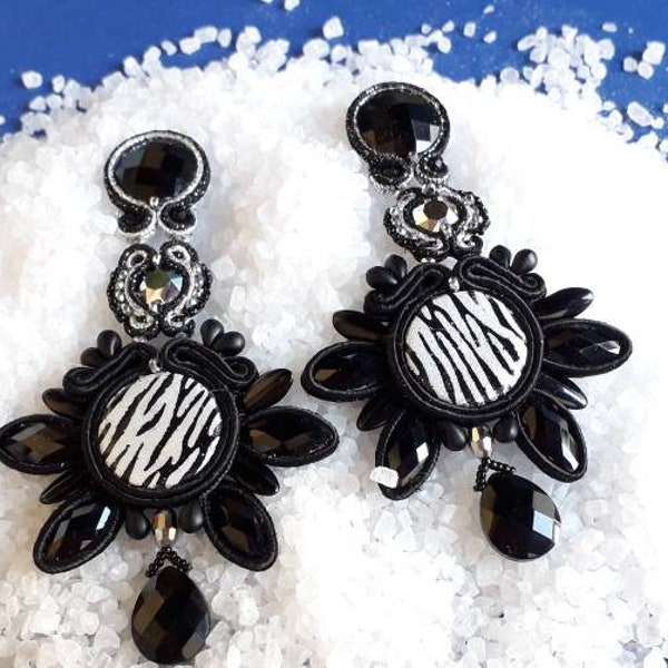 Soutache earrings, large, zebra motif in black and silver, unique piece by SoleMani