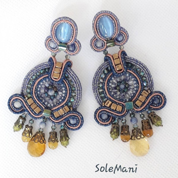 Large soutache pendant earrings, bright and light in light blue and bronze tones, the only pair entirely sewn by hand.