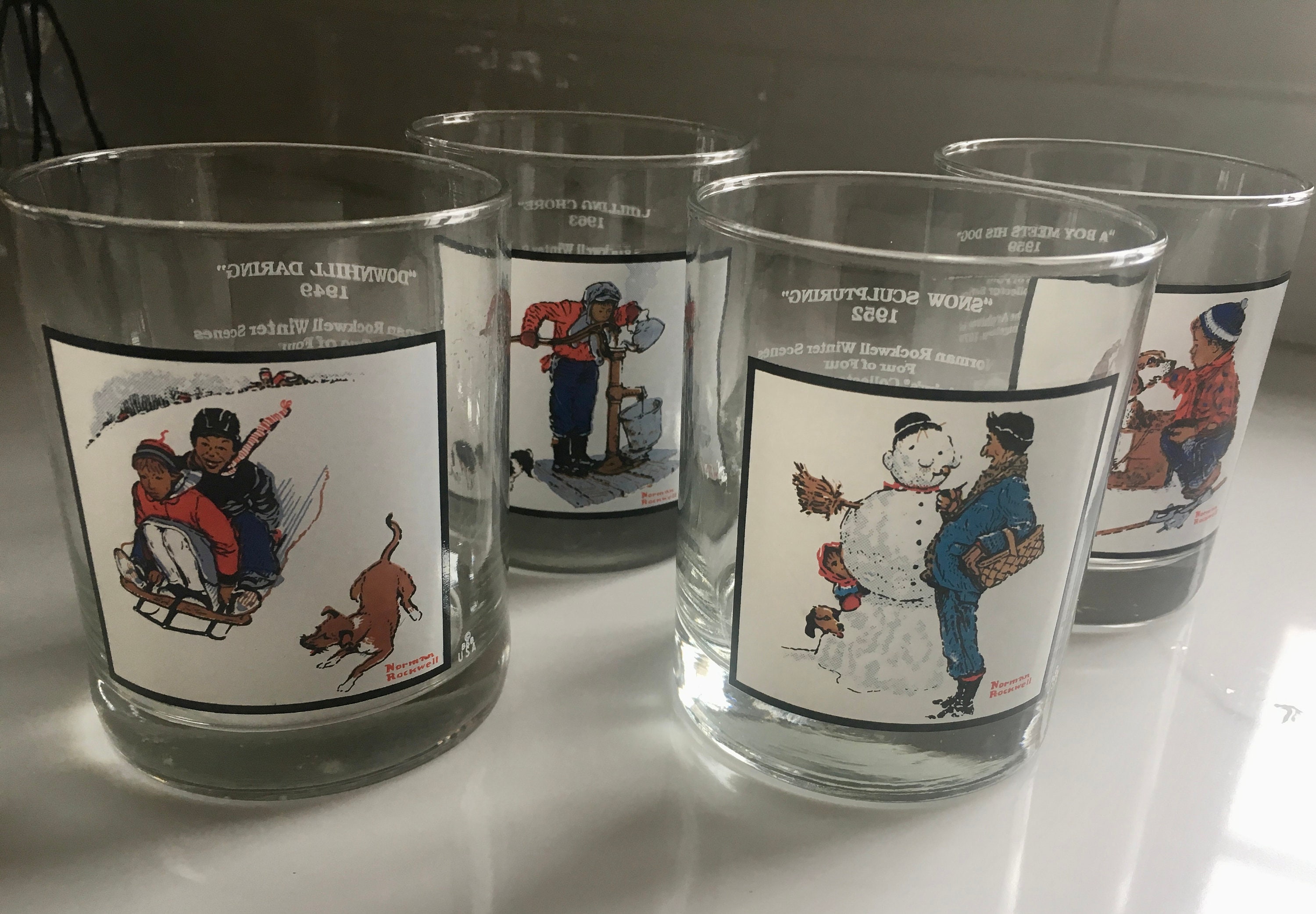 Vintage Norman Rockwell Glasses Set of 4 1979 Arbys Pepsi Winter Scenes