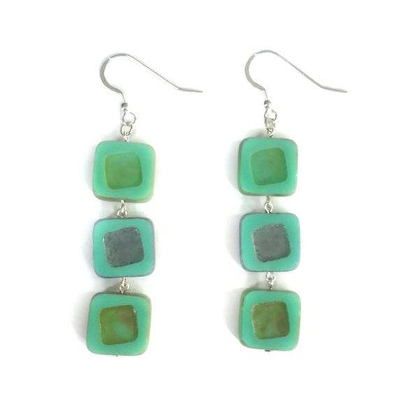 Sky Blue and Green Picasso Square Czech Glass Dangle Earrings