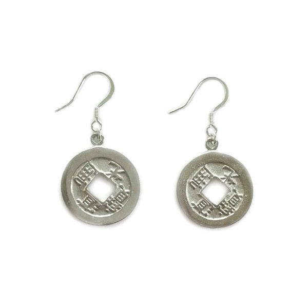 Oriental Fortune Coin Dangle Earrings, Chinese Coin Dangle Earrings, Silver Coin Earrings
