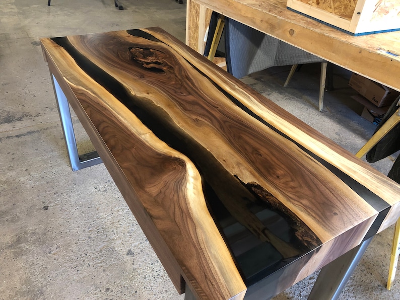 The Scott-Live Edge Walnut Slab & Grey Resin Desk With Drawers