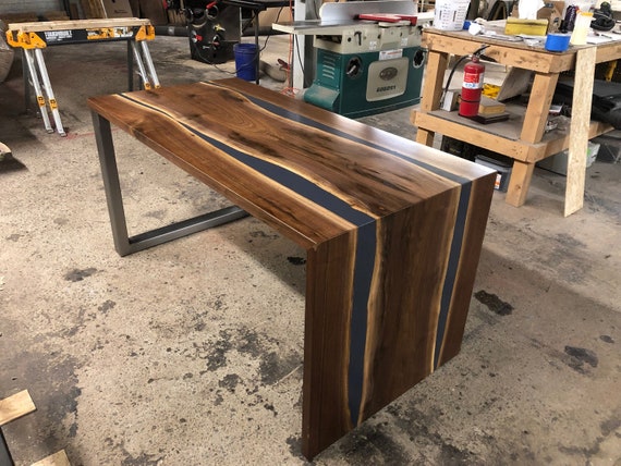 The Rosemarie Live Edge Walnut Resin Waterfall Desk Etsy