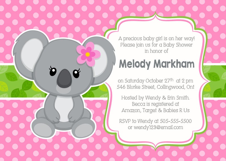 Koala Baby Shower Invitation Koala Invitation Pink Etsy Koala Baby Shower Invitation Koala Invitation Pink Etsy