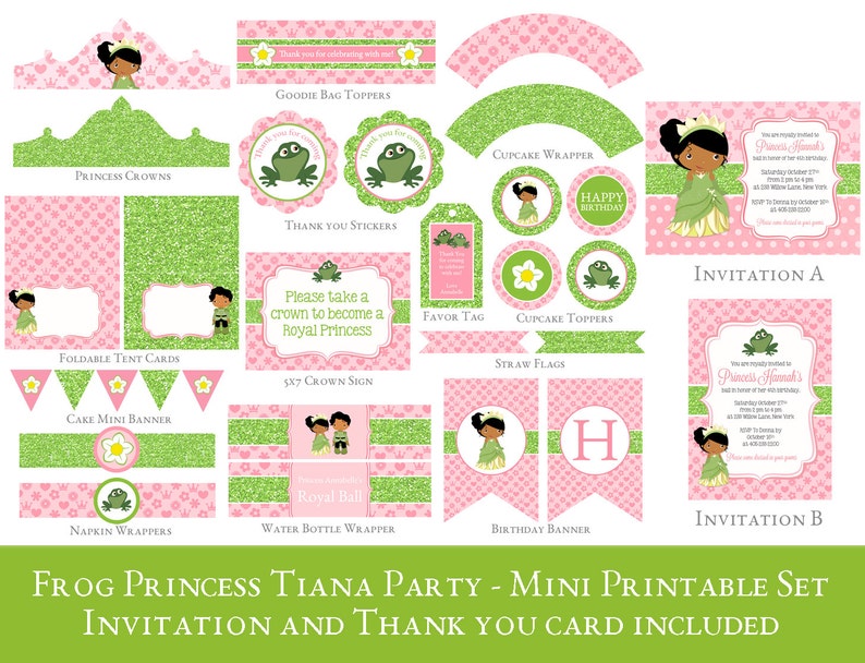 Princess Tiana Party Printable Set Frog Princess Birthday Etsy