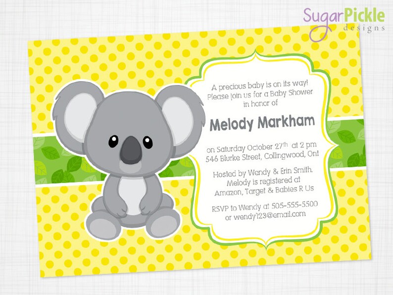 Yellow Koala Baby Shower Printable Invitation Koala Etsy