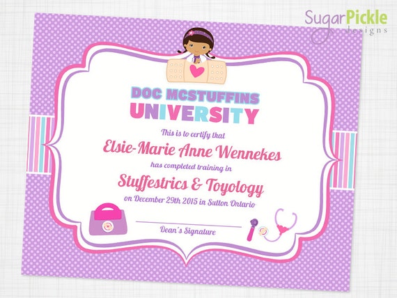 Doc Mcstuffins Certificate Doc Mcstuffins Party Decorations Etsy