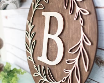 Personalized Wood Monogram Sign: Rustic Wreath Wall Decor
