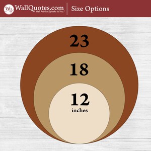 May include: A graphic showing three concentric circles in shades of brown, tan, and beige, with the numbers 23, 18, and 12 inches displayed. The text "Size Options" and the WallQuotes.com logo are at the top.