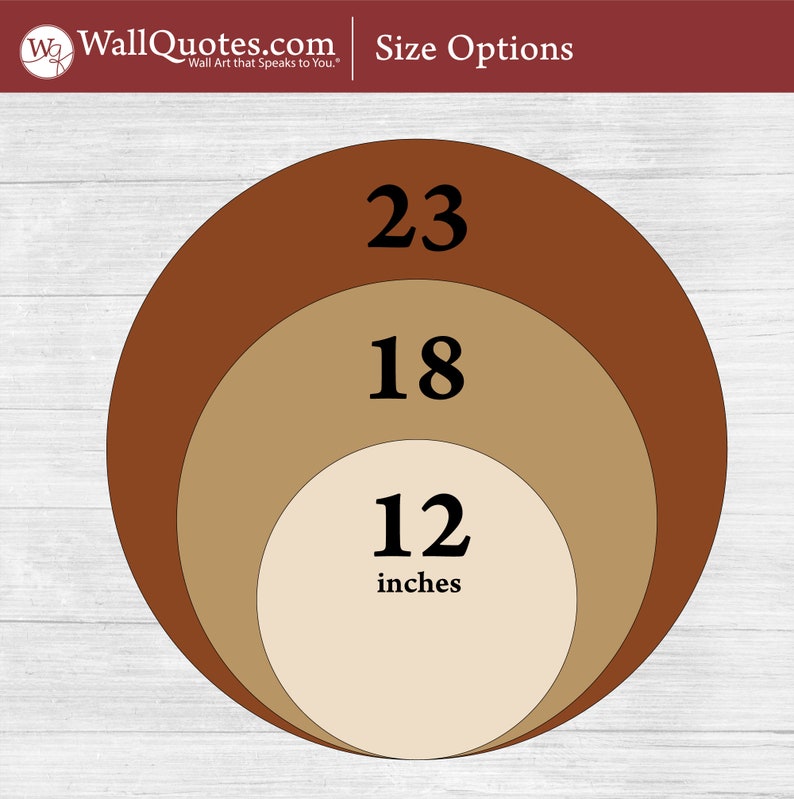 May include: A graphic showing three concentric circles in shades of brown, tan, and beige, with the numbers 23, 18, and 12 inches displayed. The text "Size Options" and the WallQuotes.com logo are at the top.