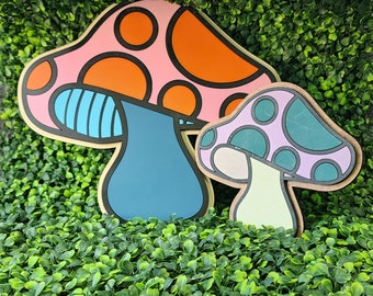 Cartoon Mushroom Wood Wall Art: Custom Colors, Handmade Decor