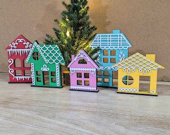 Hand-Painted Wooden Gingerbread House Village – Whimsical and Colorful Christmas Decor, Set of 5