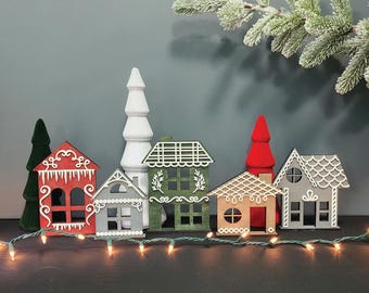 Wooden Gingerbread House Village – Rustic Christmas Mantel Decor, Set of 5