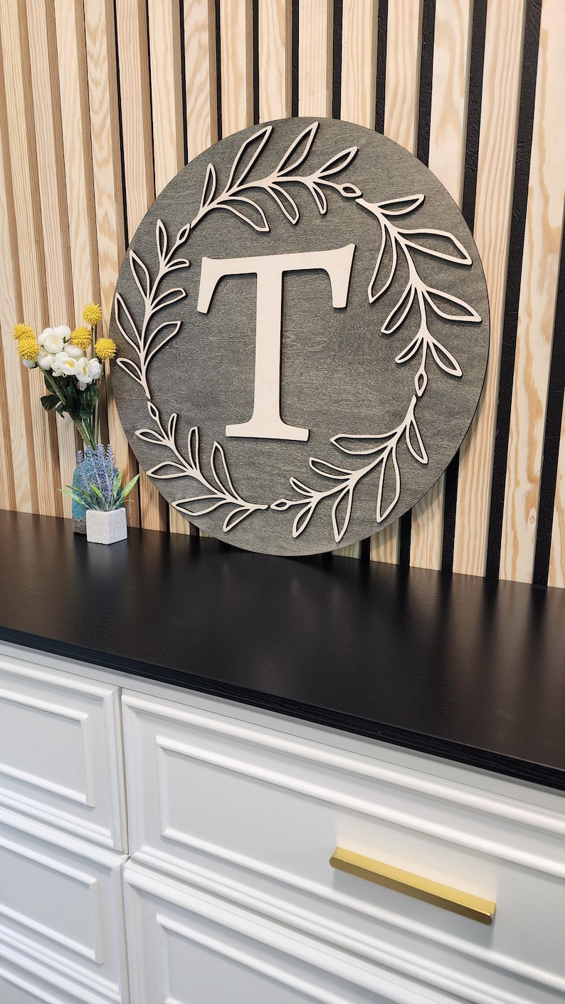 Custom Wood Monogram Sign with Laurels - Farmhouse Decor image 1