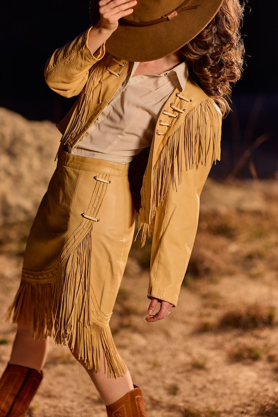 Leather Fringe Cowgirl Skirt & Jacket Set Vintage