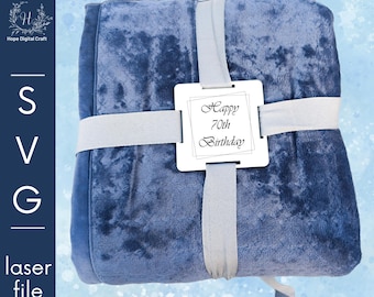 Happy 70th Birthday Square Blanket Gift Tag SVG with 4 Ribbon Holes – Laser, Cricut, Silhouette Cameo Cut File – Digital Download