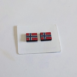 Puede incluir: Dos pequeños pendientes rectangulares con el diseño de la bandera noruega. Cada pendiente tiene un fondo rojo con una cruz azul delineada en blanco, una representación en miniatura de la bandera nacional. Los pendientes están sobre una superficie blanca.