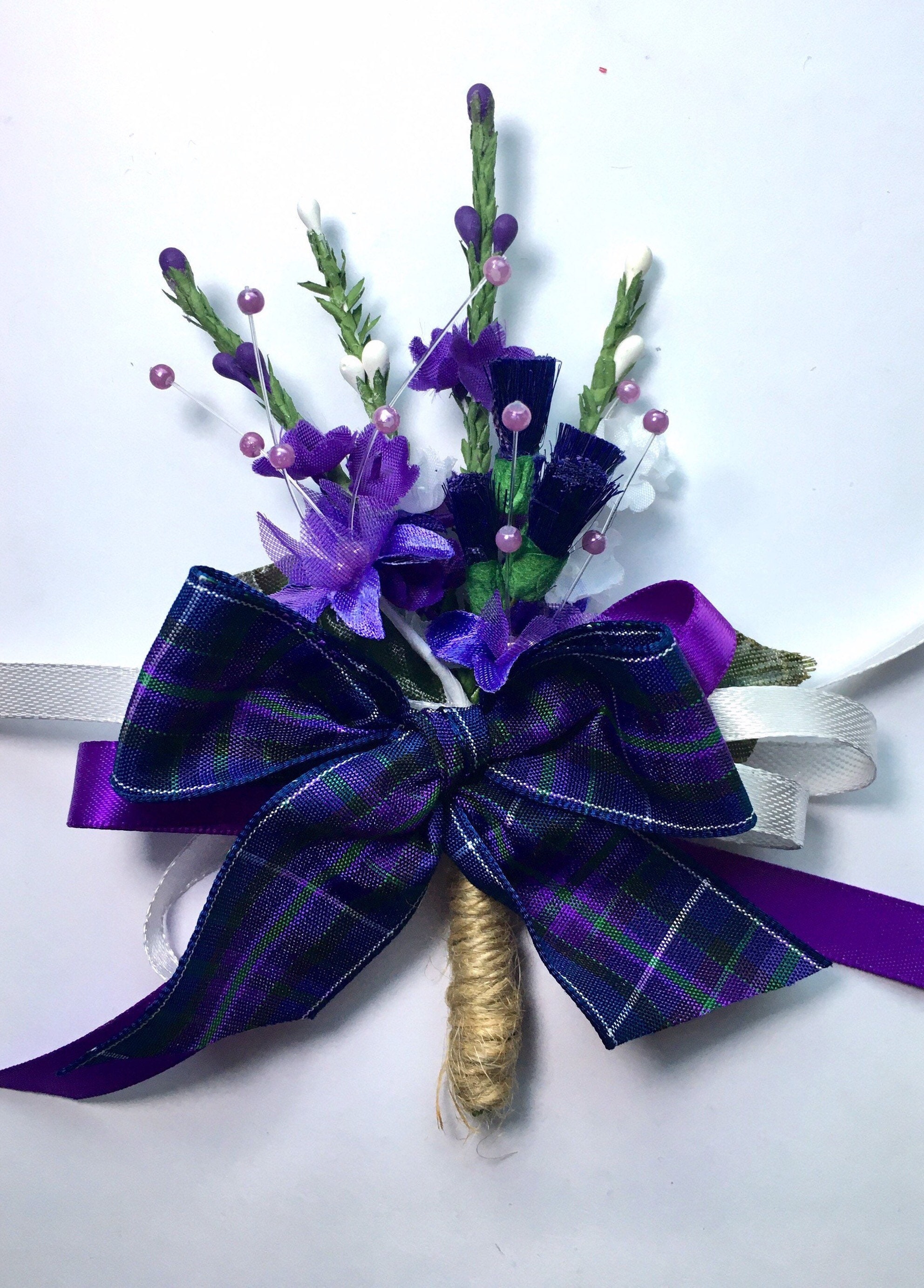 Tartan Thistle buttonhole corsage for wedding groom or best man purple 