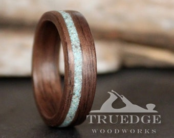 Black Walnut with offset Sleeping beauty Turquoise inlay Bentwood ring