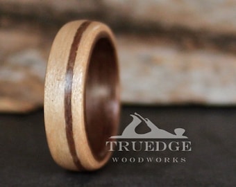 Maple wood lined with Black Walnut and offset Walnut inlay Handmade Bentwood ring