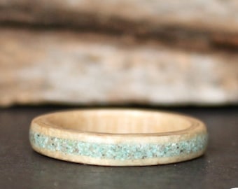 Sycamore wood with centered Sleeping Beauty Turquoise Inlay Handmade Bentwood ring