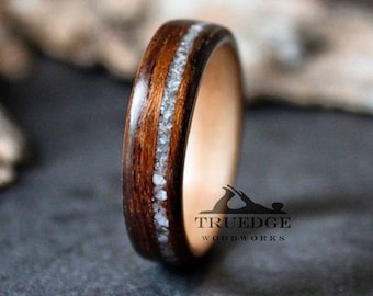 Mozambique lined with Maple and offset mother of pearl Inlay Handmade Bentwood ring