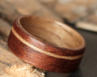 Sapele Wood Lined with Red Elm and offset Red Elm Inlay Handmade Bentwood ring