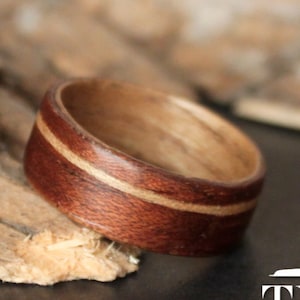 Sapele Wood Lined with Red Elm and offset Red Elm Inlay Handmade Bentwood ring