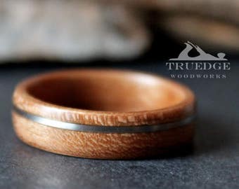 Cherry wood with offset silver inlay Handmade Bentwood ring